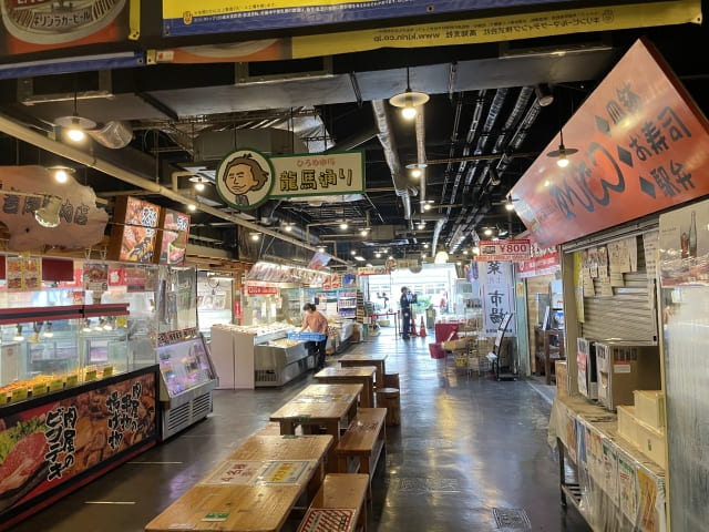Traditional Japanese market with food stalls